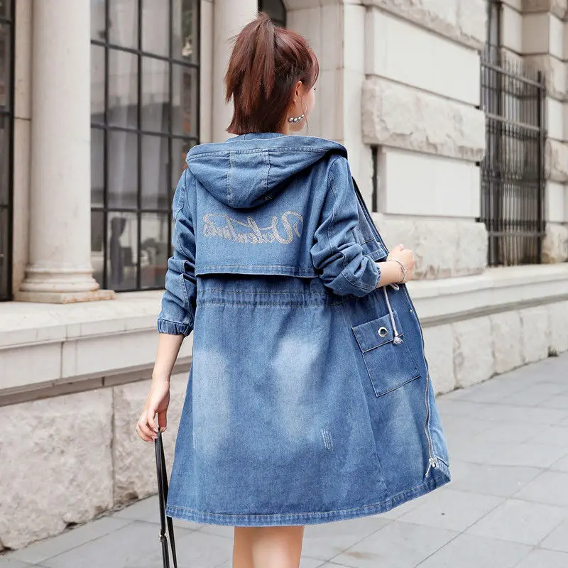 Женский джинсовый Тренч с капюшоном Повседневная Свободная ветровка бойфренда в