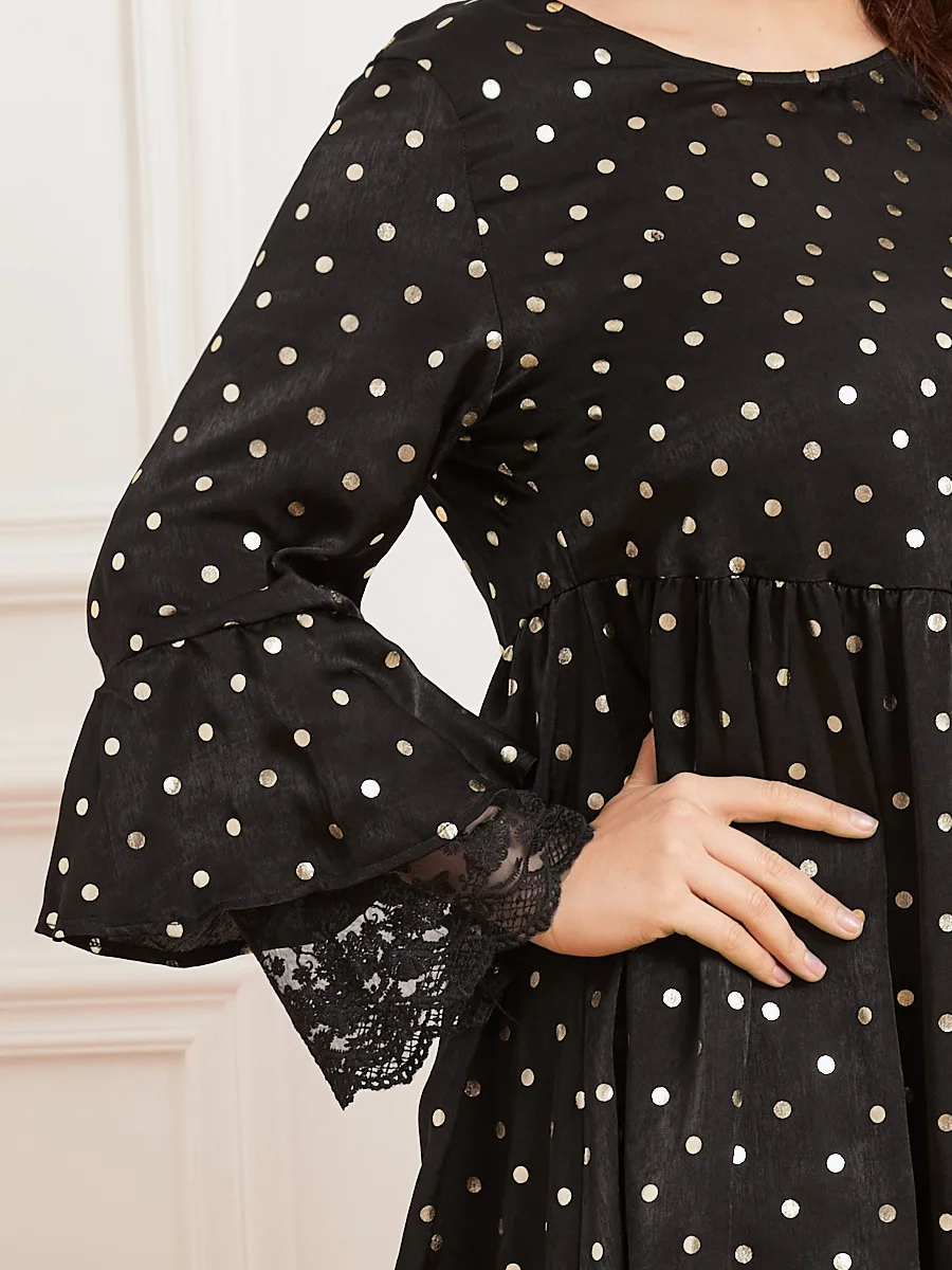 

Black Dot Bronzing Long Sleeve Maxi Dress for Women Summer 2021 Sweet Lace Patchwork Arabic Oman Muslim Clothes Plus Size 4XL