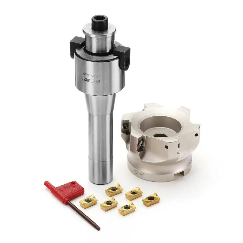 

R8 FMB27 7/16 Inch Milling Shank + 400R 50Mm Face End Mill Shell Cutter Head + 6 APMT1604 Blades + Wrench For Milling Tool