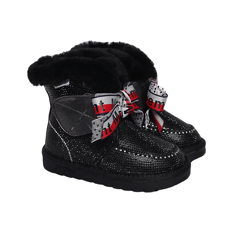 

Winter Boots Girls Thicken Warm Fashion Bling Butterfly-Knot Anti-Slippery Boys Snow Boots Fur Children Shoes Toddler Flat with