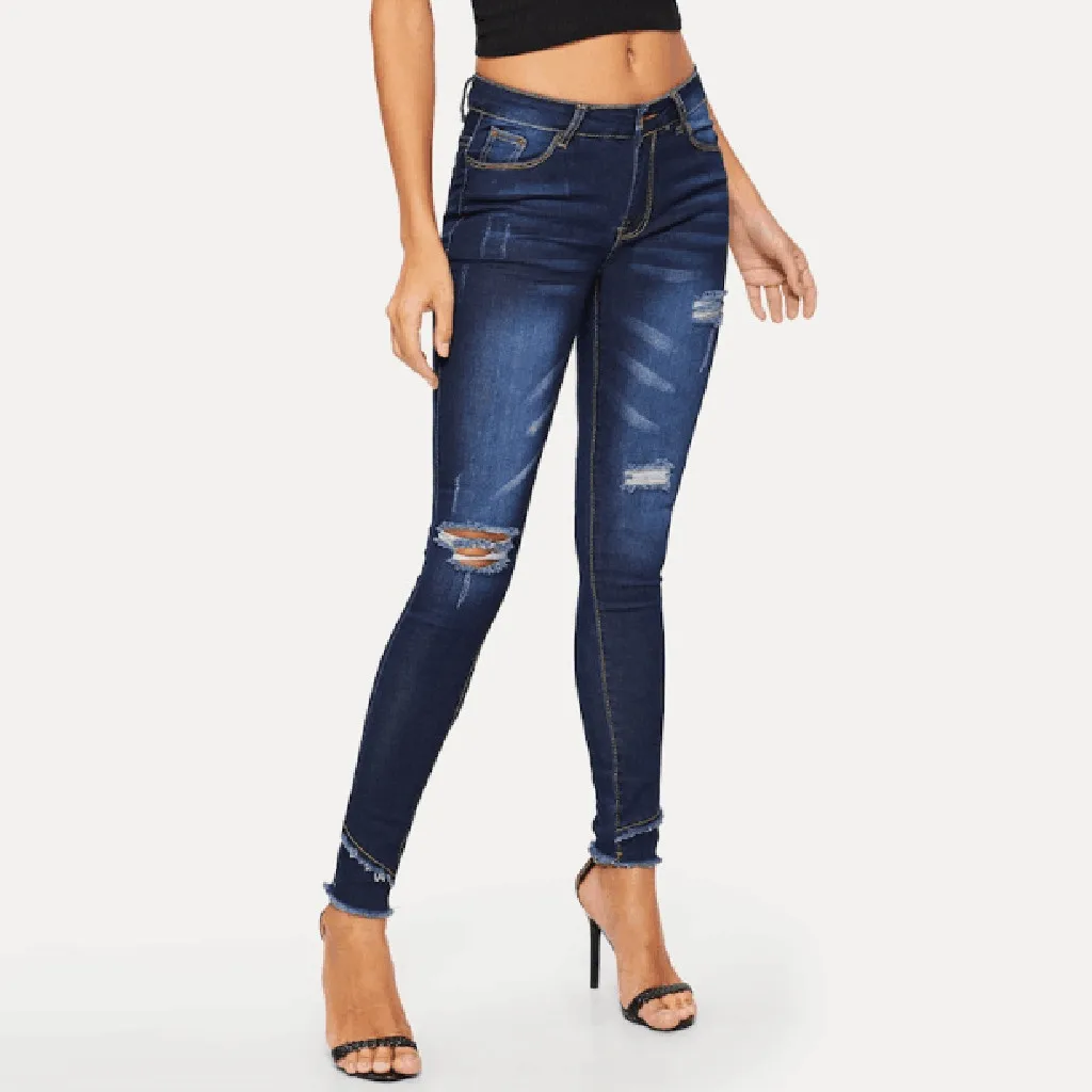 Модные женские рваные брюки на молнии с карманами повседневные джинсы