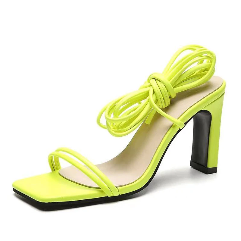 

2021 Summer New Sexy Ankle Strap women sandals fashion chunky heels Ladylike Temperament orang green party shoes Big size 43