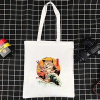 effortless canvas bag high quality shoulder bag folding ecobag supermarket shopping bag japanese cat school travel ladies bag