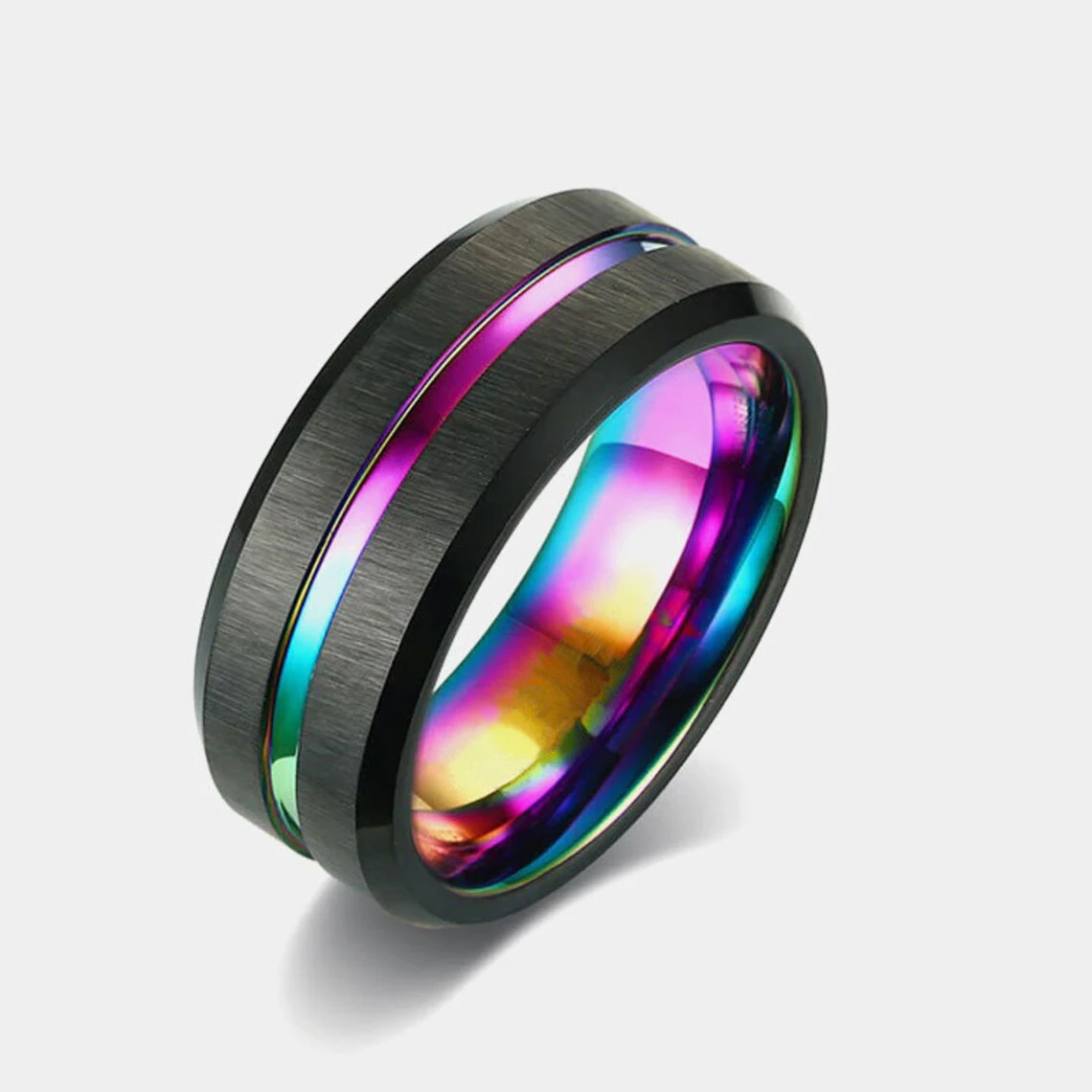 

Trendy 8mm Black Brushed Titanium Steel Ring For Men Rainbow Groove Beveled Edge Stainless Steel Engagement Ring Wedding Jewelry