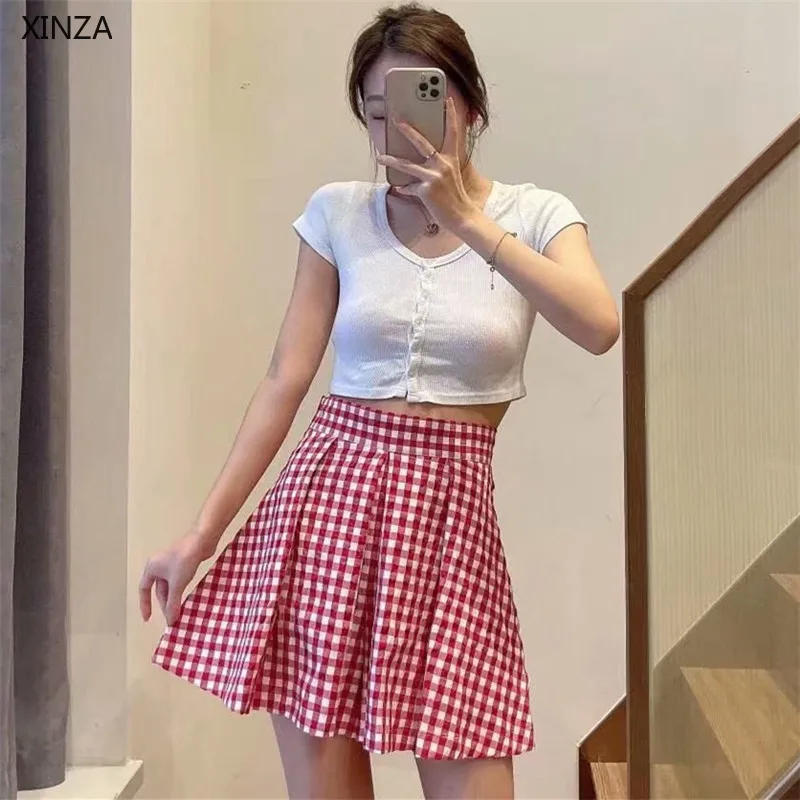 

Women Summer Shorts Za 2021 High Waist Pleated Plaid Red Shorts Fashion Side Zip Elastic Waisted Gingham Woman Short Pants