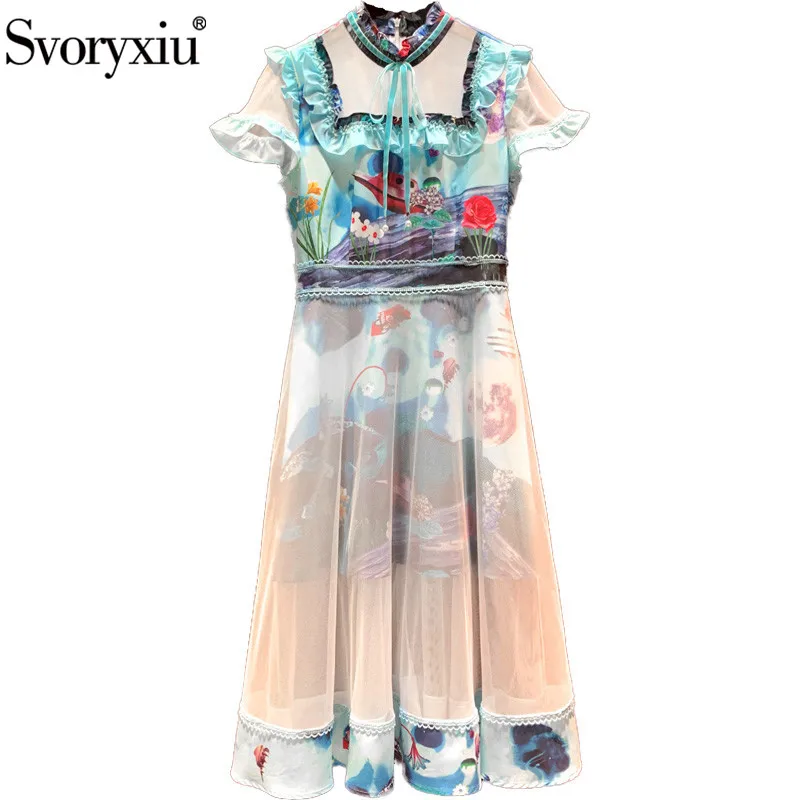 

Svoryxiu Fashion Designer Summer Dress Women's Elegant Flare Sleeve Flower Print Patchwork Lace Mesh Gorgeous Dresses Vestdios