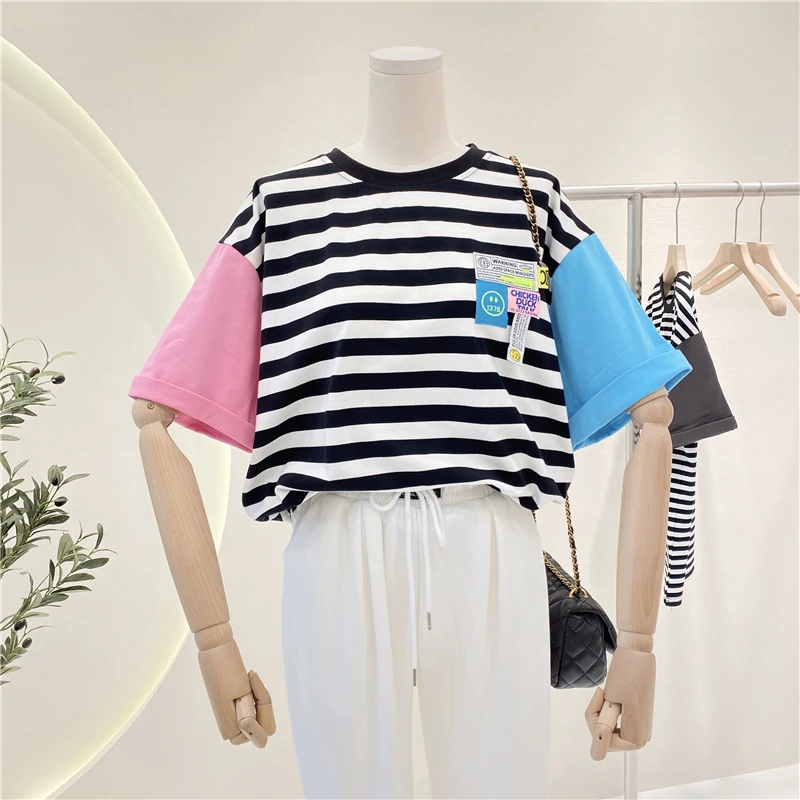 

2021 Spring and Summer New Striped Contrast Color Korean Smiley Patch Loose Student Short Sleeve T-shirt Women's Top