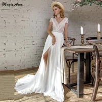 magic awn 2021 beach wedding dresses lace chiffon short sleeves boho country bridal gowns with side split illusion vestidos boda