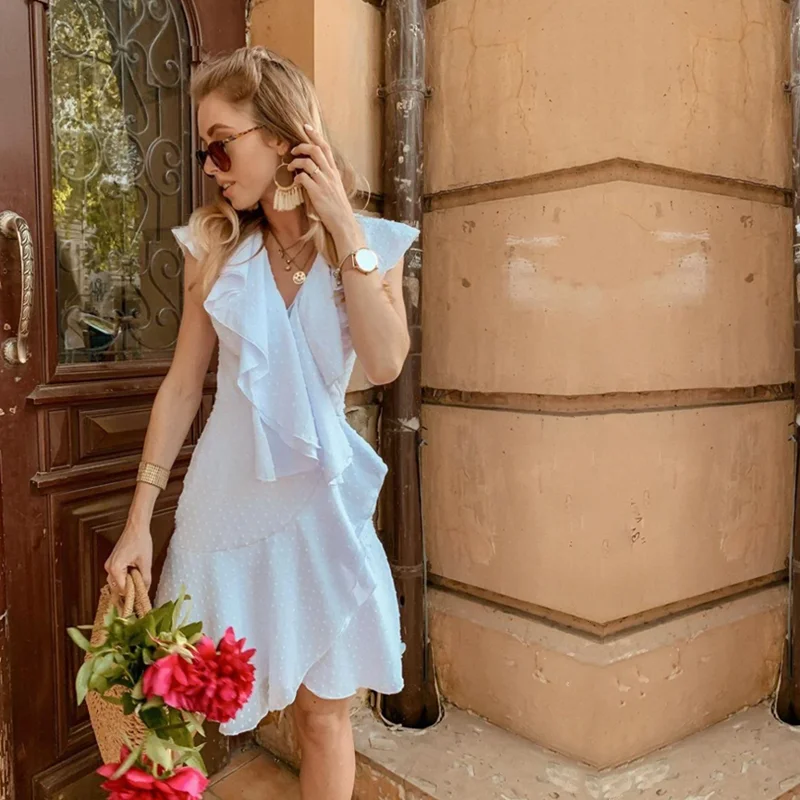 

Women Vintage Front Cross Sashes Ruffled A-line Dress Sleeveless Sexy V neck Solid Elegant Casual Mini Dress 2021 Summer Dress