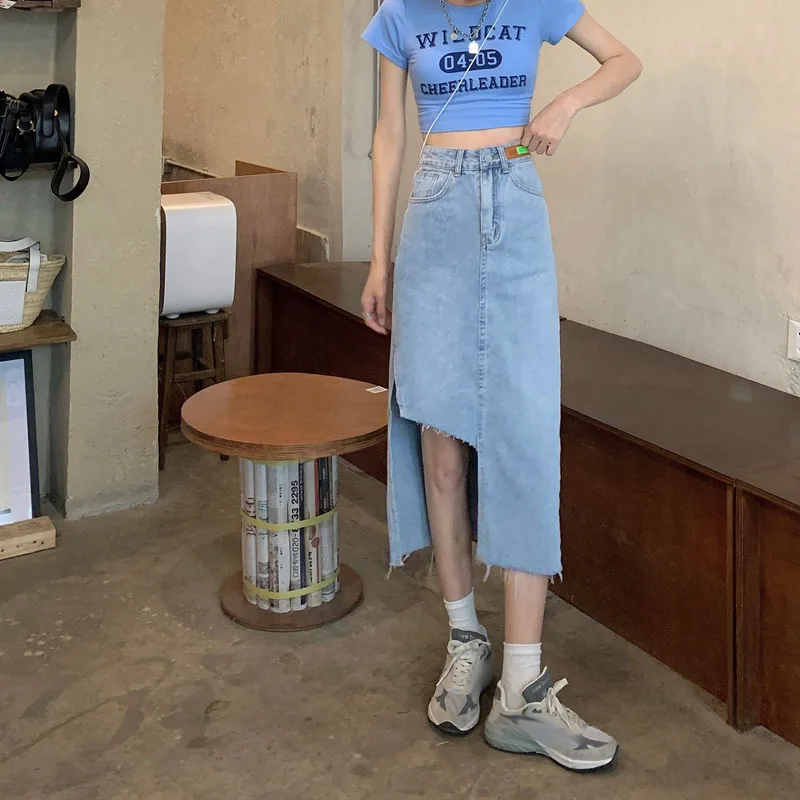 

Woman Skirts Irregular Denim Skirt Female Summer New Style Korean Style High Waist A-line Bag Hip Midi Skirt