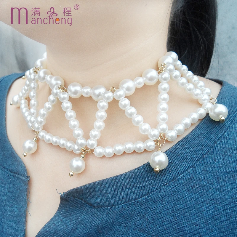 

Multilayer White Beads Pearl Chokers Necklace Women Girl Golden Short Crude Hyperbole Collares Para Mujer Wholesale