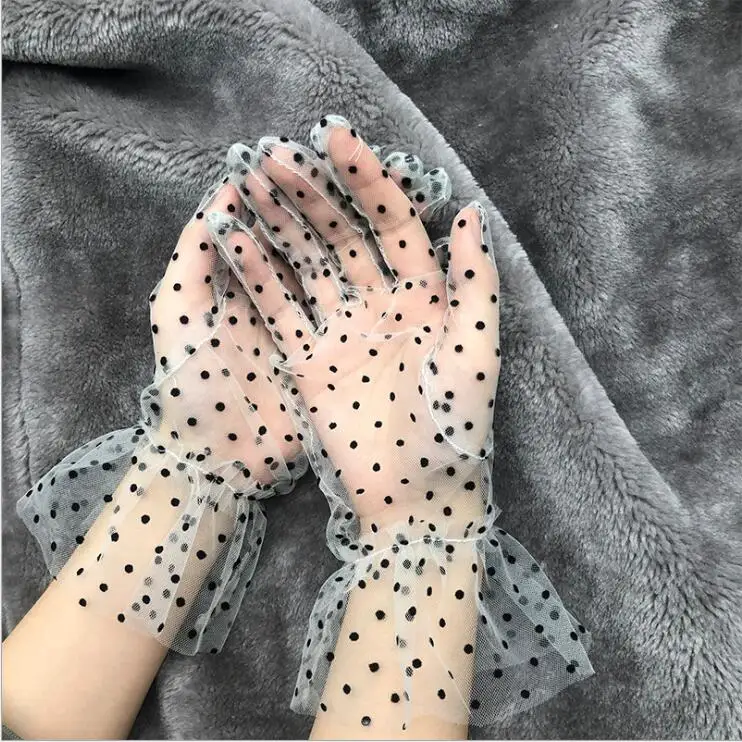 

2021 New Women's Sexy Guantes Transparentes Dot Print Black White Mesh Tulle Gloves Female Club Prom Party Dancing Dress Glove