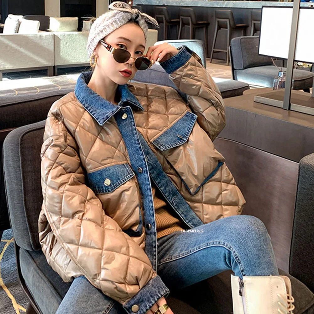 Куртка-бомбер женская джинсовая зимняя в клетку с подкладкой 2021 | Женская одежда