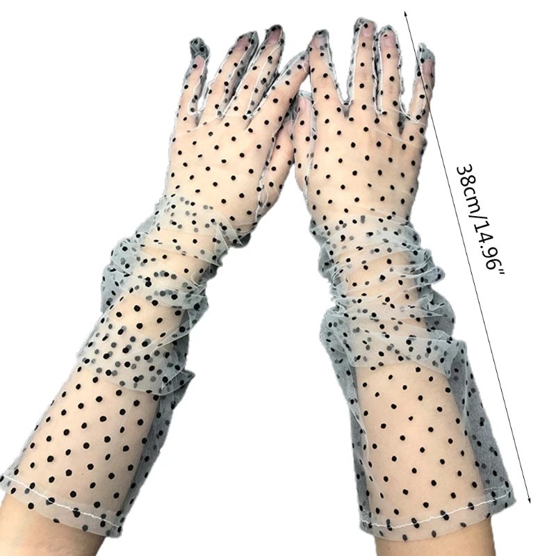 

Polka Dot Lace Long Gloves Female Semi Sheer Mesh Tulle Sun Protection Mittens U90E