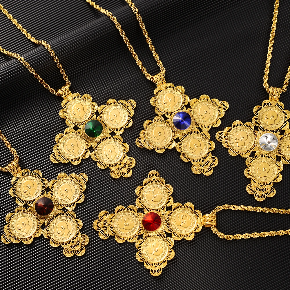

Ethiopian Big Cross Pendants Necklaces Women Men Gold Color Jewelry Africa Coin Cross/Eritrea Habesha Necklace