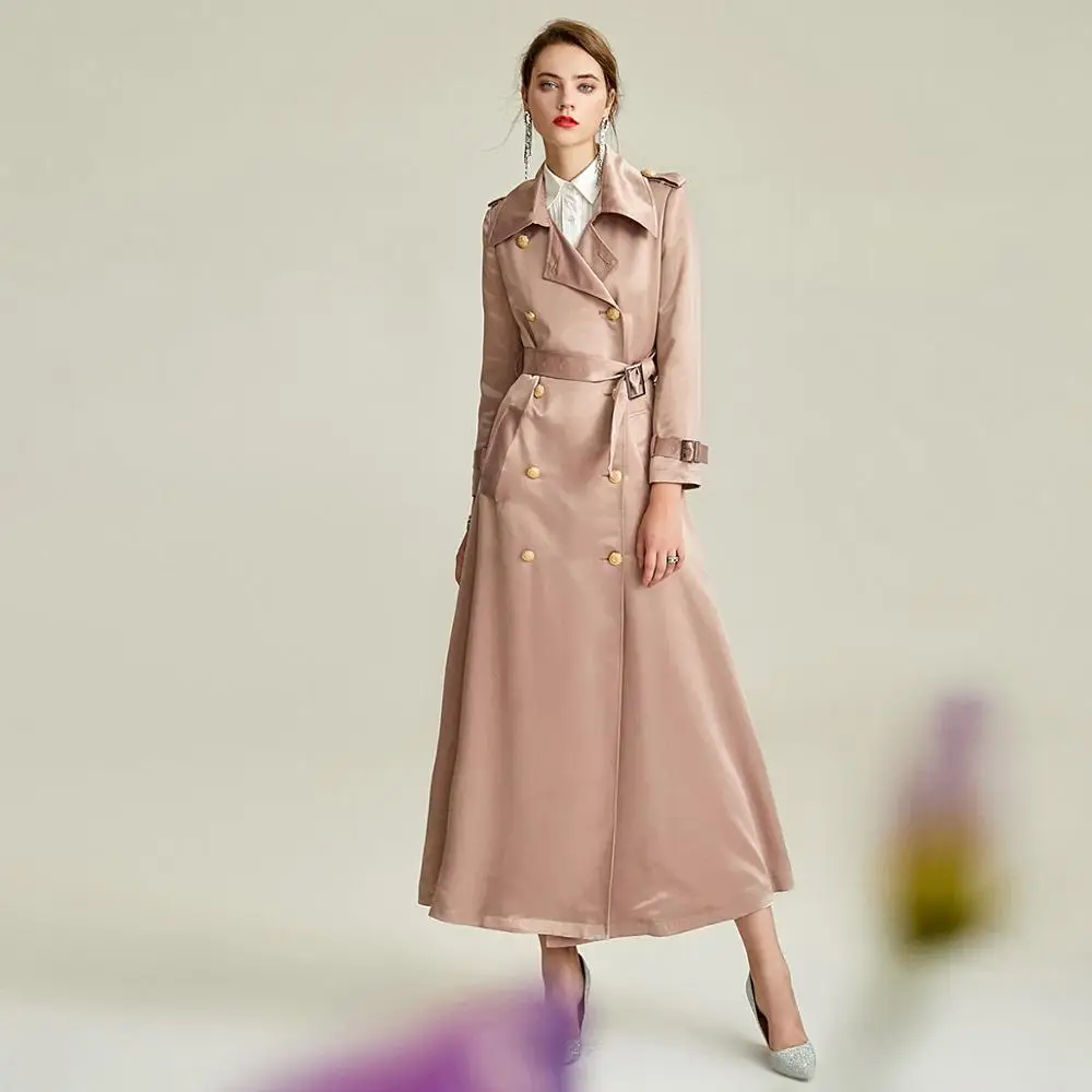 2019 Autumn New Bright Satin Double-breasted Lapel Coat High-end Commuter Temperament Women Trench C1847 | Женская одежда