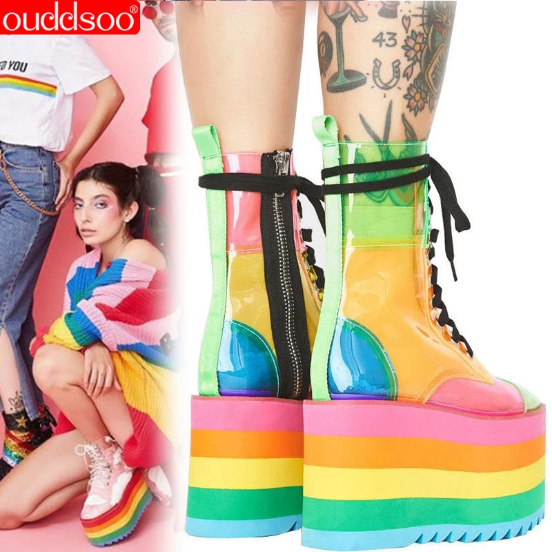 Jual OD Sepatu Bot Pendek Hak Platform Sepatu Bot Gaya Fashion Wanita Transparan PVC Sepatu Pesta Penambah Tinggi Musim Panas Pelangi Bertali