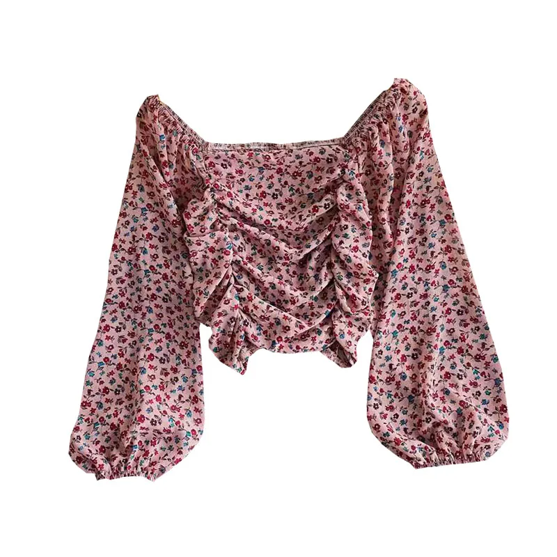 

Beach Elegant retro puff sleeve u neck floral chiffon shirt pleated long sleeve slim beach shirt top womens tops and blouses