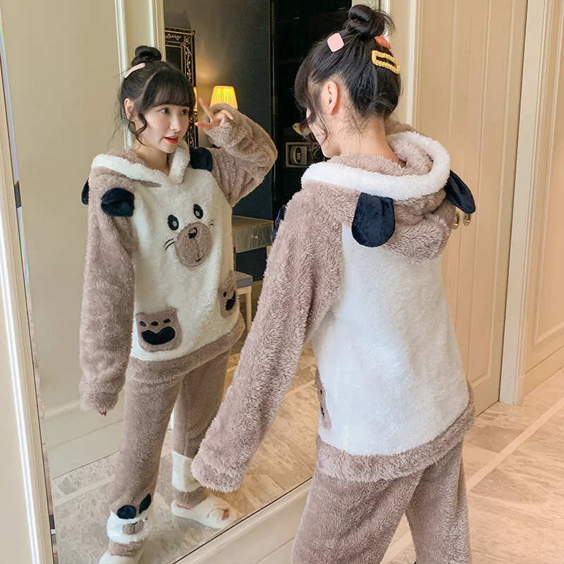 Зимняя флисовая Пижама кораллового цвета женский осенне-зимний утепленный