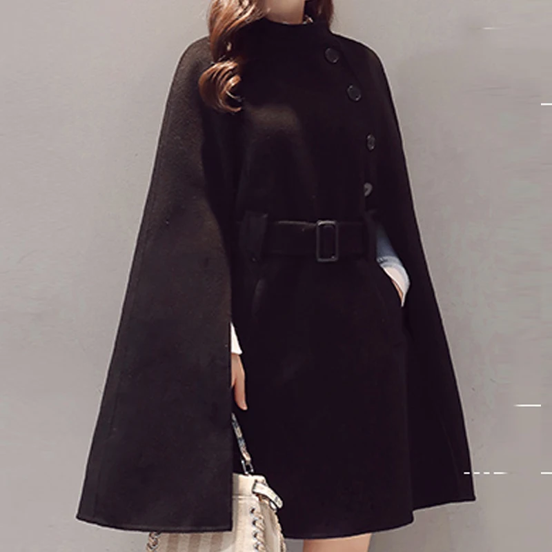 

Black Cloak Woolen Sashes Loose Warm Fashion Temperament Women Winter Poncho 2020 New Wool Pocket Elegant Solid Black Cloak