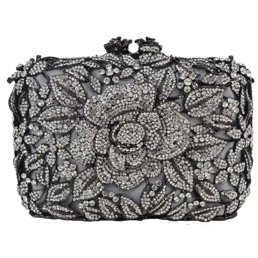 Black Silver Вечерние сумки-клатчи с серыми цветами, стразы, розовые роскошные свадебные сумки с кристаллами, сумки на плечо SC780 - Цвет: Black Silver