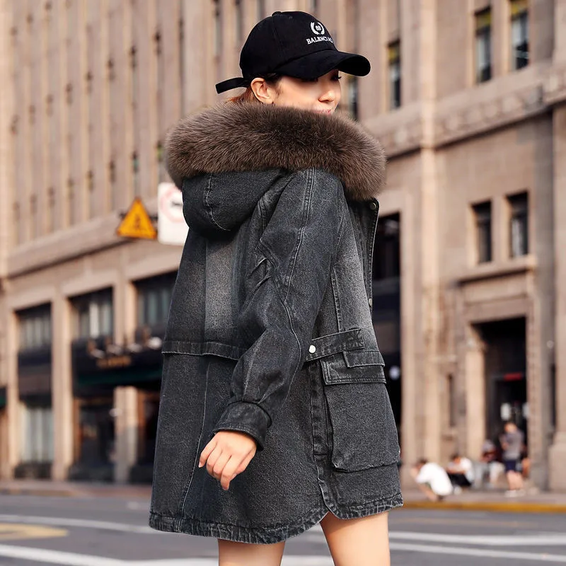 

Autumn Winter Plus Velvet Jeans Jacket 2020 Fashion Fur Coller Thick Lambswool Coat Womern Loose Denim Cotton Padded Parkas H183