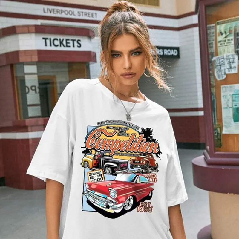 sunfiz YF DreamCar Women Tshirt Hawaii Graphic T-shirt Car Print Short Sleeve Oversized Top Summer Harajuku Ladies | Женская одежда