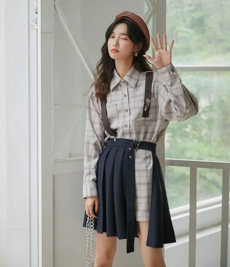 

Vintgae Sctoland Pink Plaid Long Sleeve Shirt High Waist Pleated Skirt 2 piece suit Girls Harajuku Cute