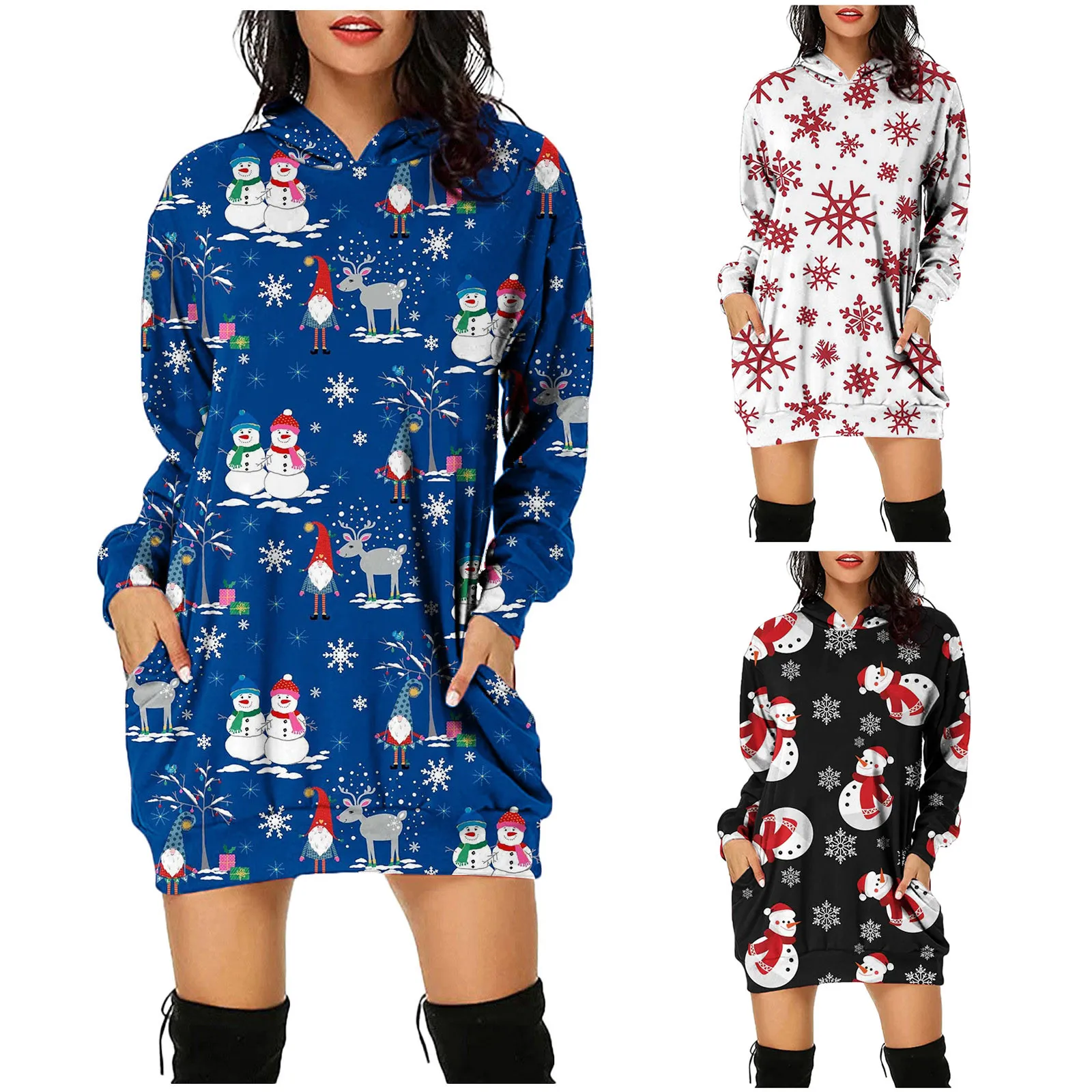 

Women's Fashion Christmas Hoodie Dress Bag Hip Pocket Print Long Sleeves Sweatshirts Dress vestidos mujer платье на новый год 20
