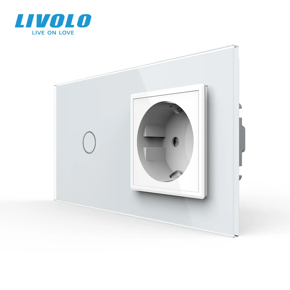 Livolo EU Standard Wall Socket Plug with Light Switch AC 220~250V 16A Touch Switch Crystal Glass Panel