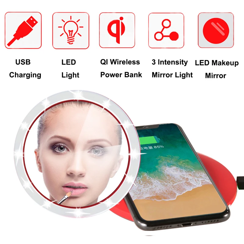 Беспроводная зарядка через usb светодиодный портативное зеркало для макияжа
