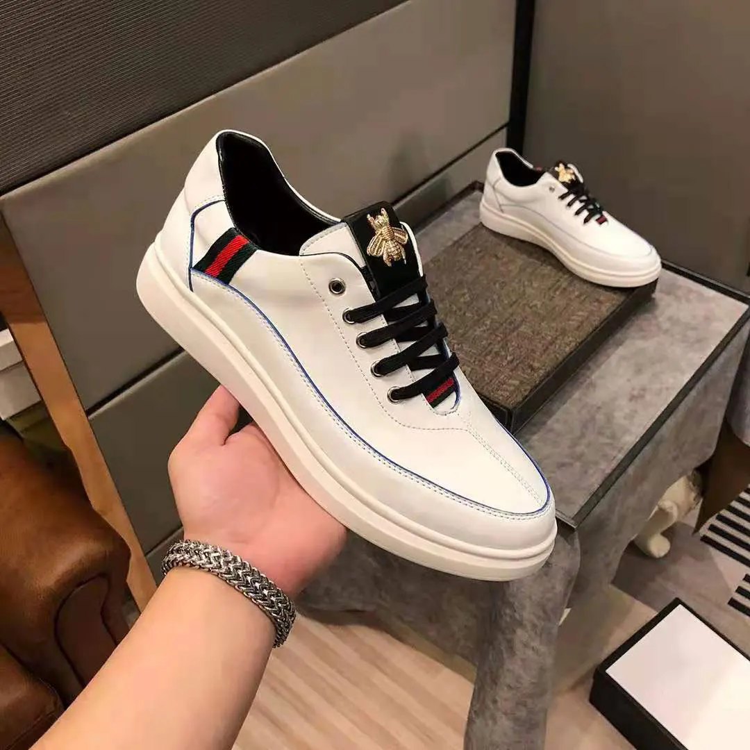 

Men Genuine Leather Shoes Fashion Little Bee Embroidery White Sneakers For Male Casual Sports Running Breathable Lace-up Shoes