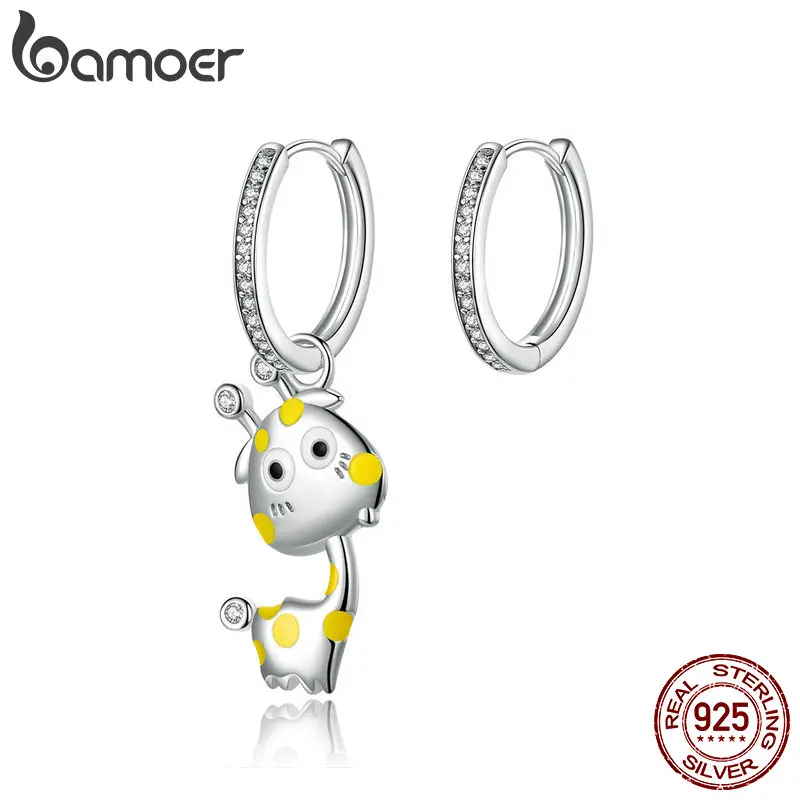 BAMOER, эмаль, жираф, асимметричные серьги-кольца для женщин, 925 пробы, серебряные серьги в виде животных, корейский стиль, ювелирные изделия, BSE108