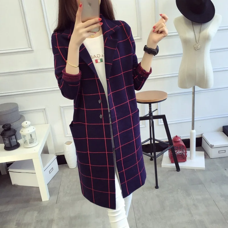 

Spring Autumn Women Plaid Long Trench Coat Cardigans Fashion Slim Loose Long Sleeve Windbreaker