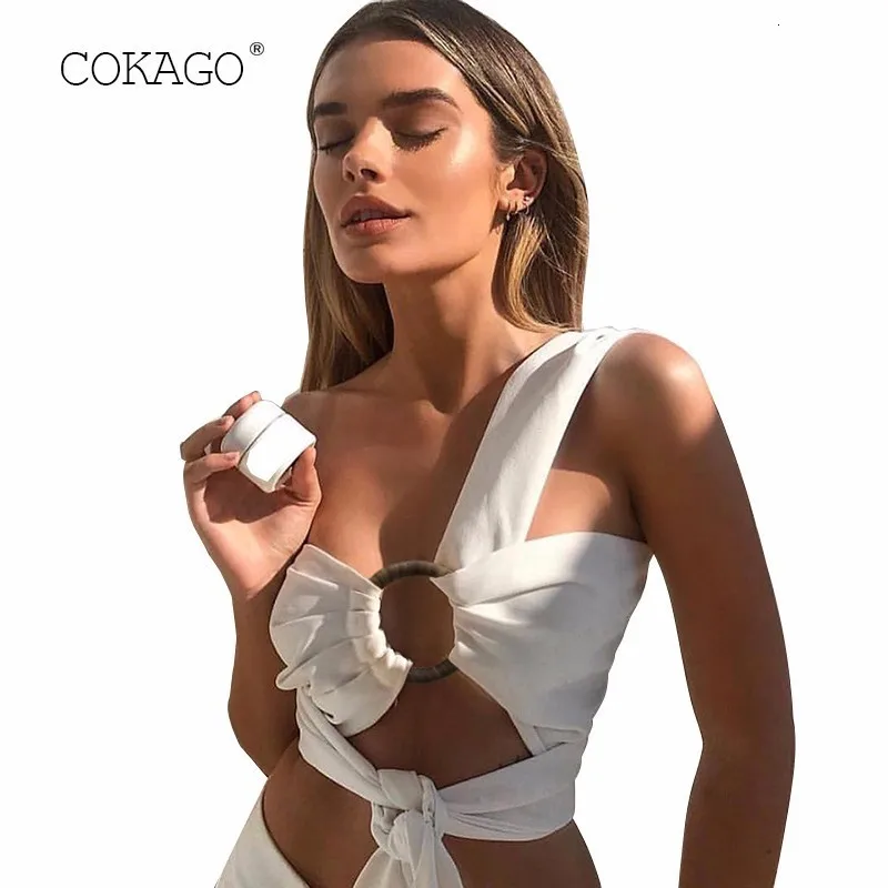 COKAGO белый короткий топ на одно плечо для женщин весенне летний бандажный Топ без