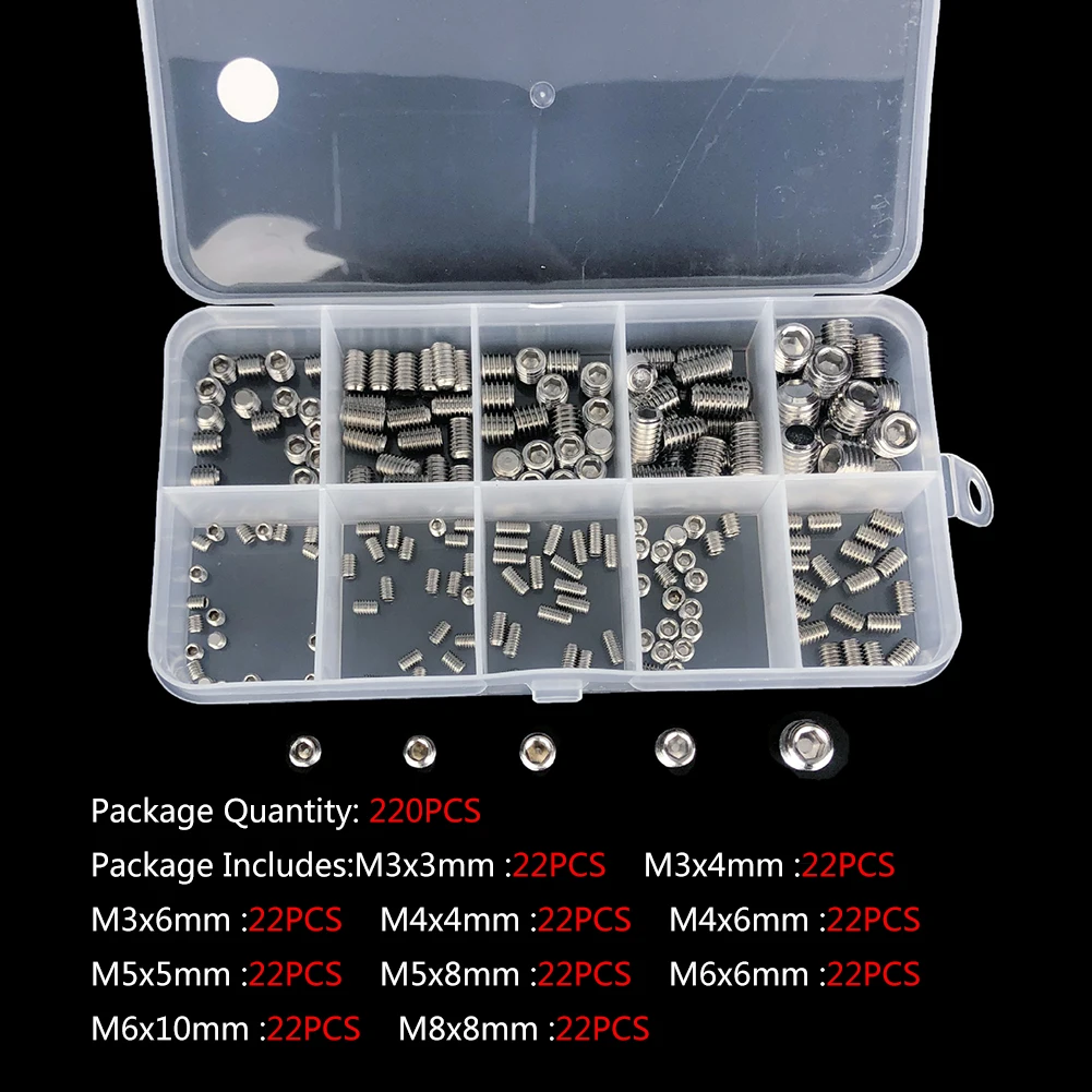 

220pcs Stainless Steel Hexagon Socket Set Screw Headless Screw Set M3/M4/M5/M6/M8 Grub Screw Assortment Kit