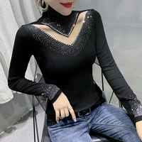 new 2021 autumn long sleeve black t shirt fashion casual turtleneck diamond woman tshirts elegant slim womens tops blusas
