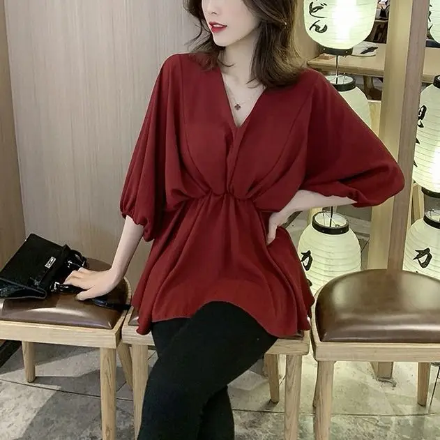 

Spring summer 2020 new Korean V-neck Lantern Sleeve waist casual shirt women's niche design top