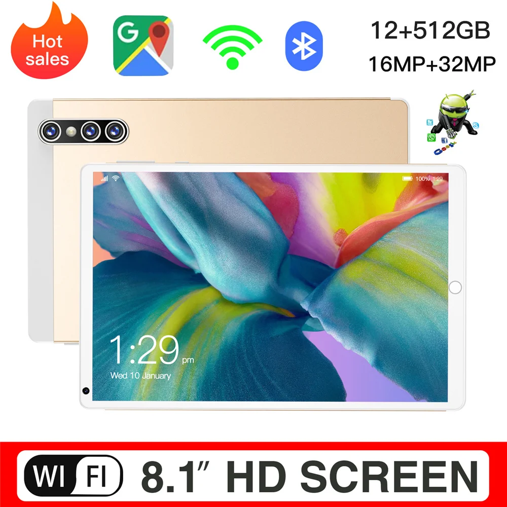 

Tablet PC 8.1 Inch IPS Screen Global Version 2560x1600 12GB RAM 512GB ROM 10 Core Android Wifi Type-C S16 Duals SIM 5G Networks