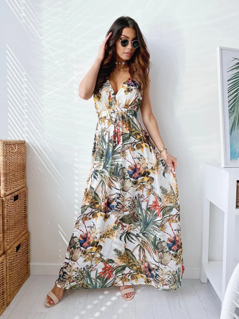 

Sexy V Neck Backless Maxi Dress 2021 Summer Casual Tank Vintage Long Dresses For Women Robe Femme