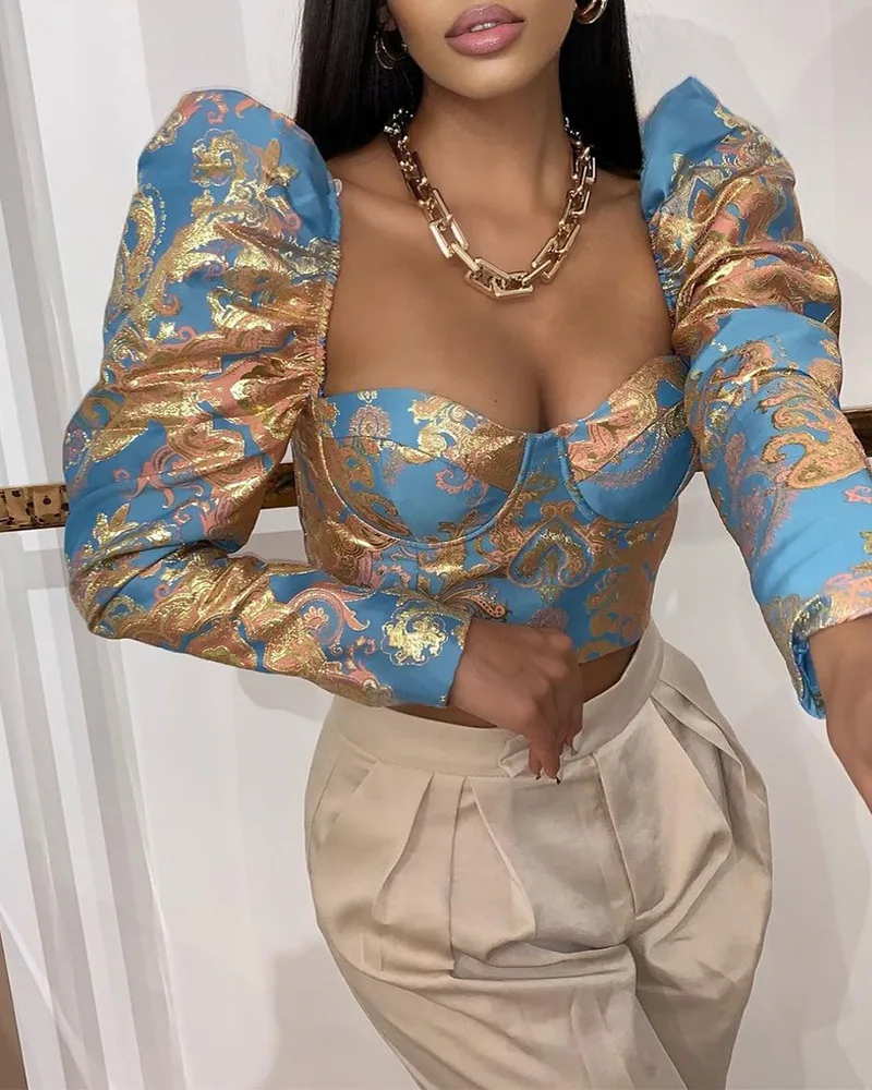 

Женская блузка с квадратным вырезом, голубая элегантная повседневная рубашка в Корейском стиле с пузырьковым рукавом и бантом, осень 2021