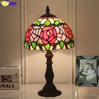 fumat tiffany style desk lamp red rose stained glass lampshade table light alloy lotus frame handcraft arts luxury home decor