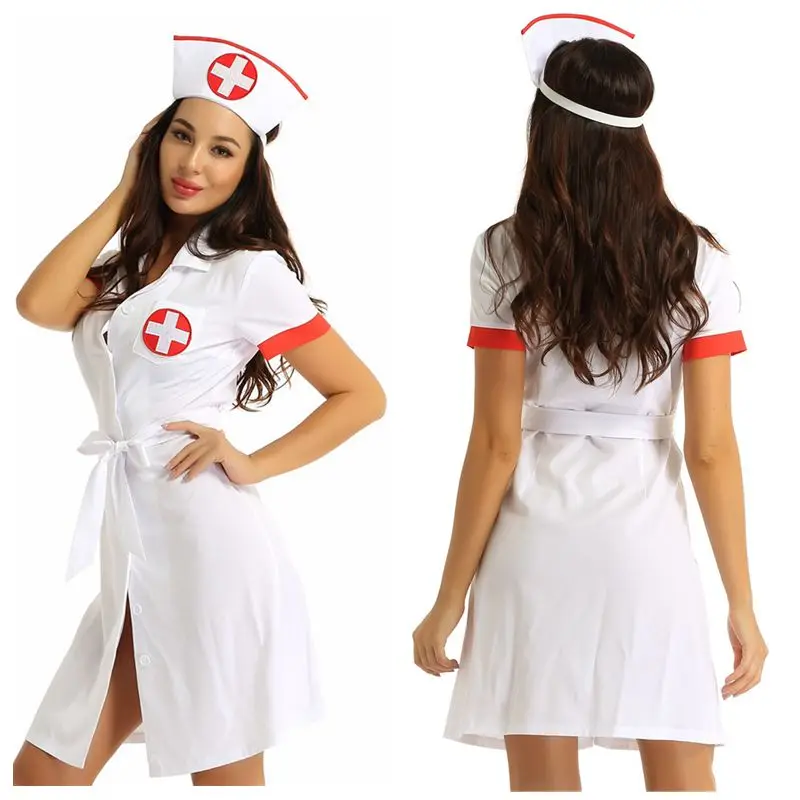 

Women Female Sexy Nurse Costumes Deep V Neck Doctor Cosplay Adult Nurse Uniform Roleplay Themed Party Dress with Belt and Hat