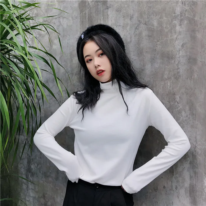 

T-shirts Women Turtleneck Long Sleeve Solid Simple All-match Leisure T-shirt Womens Korean Style Ulzzang Students Daily Tees