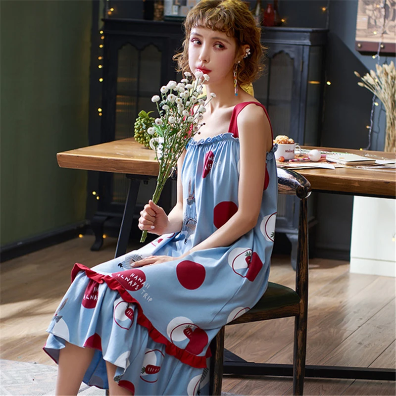 

Sweet princess style home wear Sleepwear female summer cotton sling Korean version of the nightdress loose large size nightdress