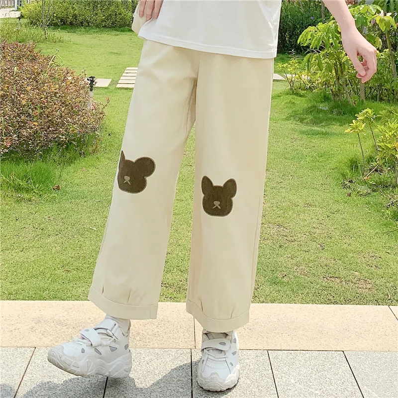 

Уличная одежда, Мягкие штаны для девочек с милым принтом медведя, японские кавайные свободные базовые брюки с высокой талией, корейские сту...
