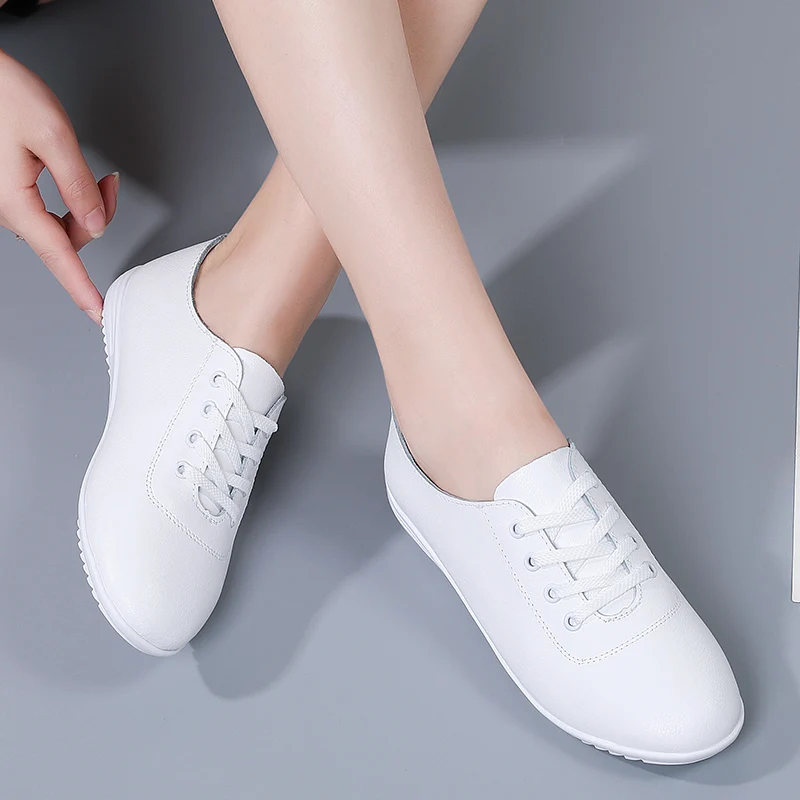 2021 Spring New Women Sneakers Oxford Shoes Ladies Casual Leather Boat Round Toe Flats White Black Moccasins Ballet Zapatillas