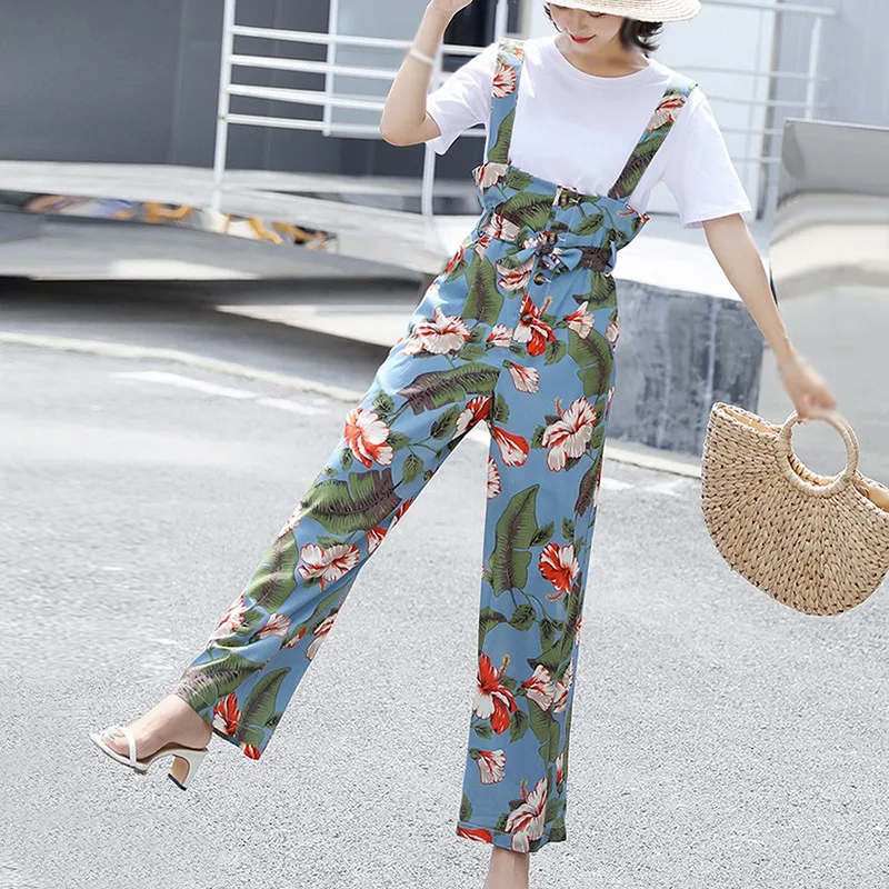 

Women's Suspenders Korean Summer Flowers Printed Loose Trousers Small Fresh Thin Casual Wide-Leg Jumpsuits Clothing