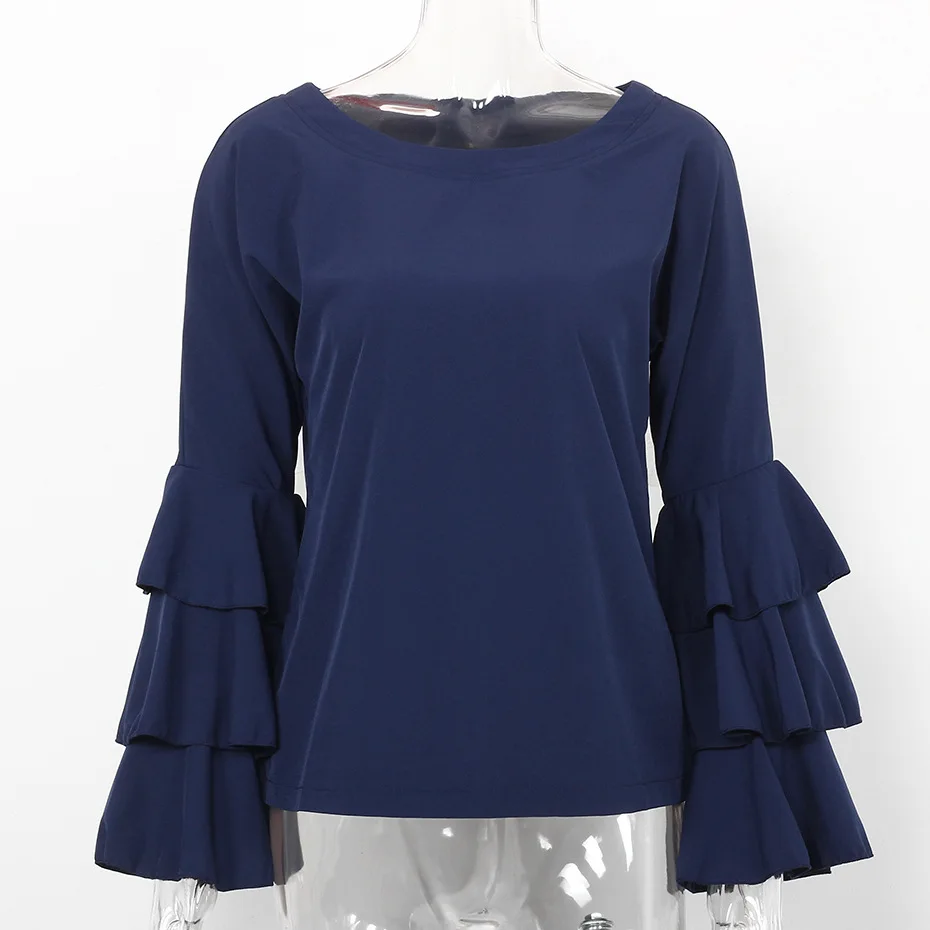 

Plus Size Tops Women long sleeve Ruffle Vintage Blouse casual chiffon shirt Sloid color O neck Fashion clothes