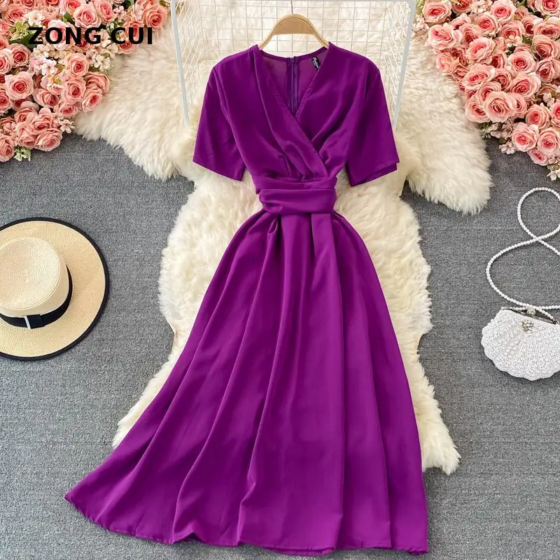 

Женское элегантное платье, Новинка лета 2021, женское темпераментное приталенное однотонное платье миди с V-образным вырезом и завязкой на та...